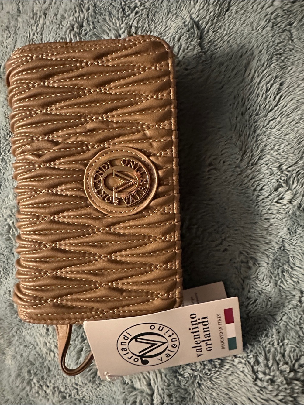 Valentino Orlandi metallic gold quilted zip wallet with wristlet strap